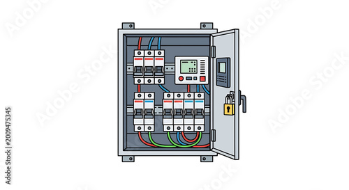 Open Electrical Panel with Circuit Breakers and Padlock Vector