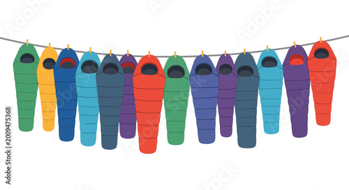 Colorful sleeping bags hanging on a clothesline vector illustration