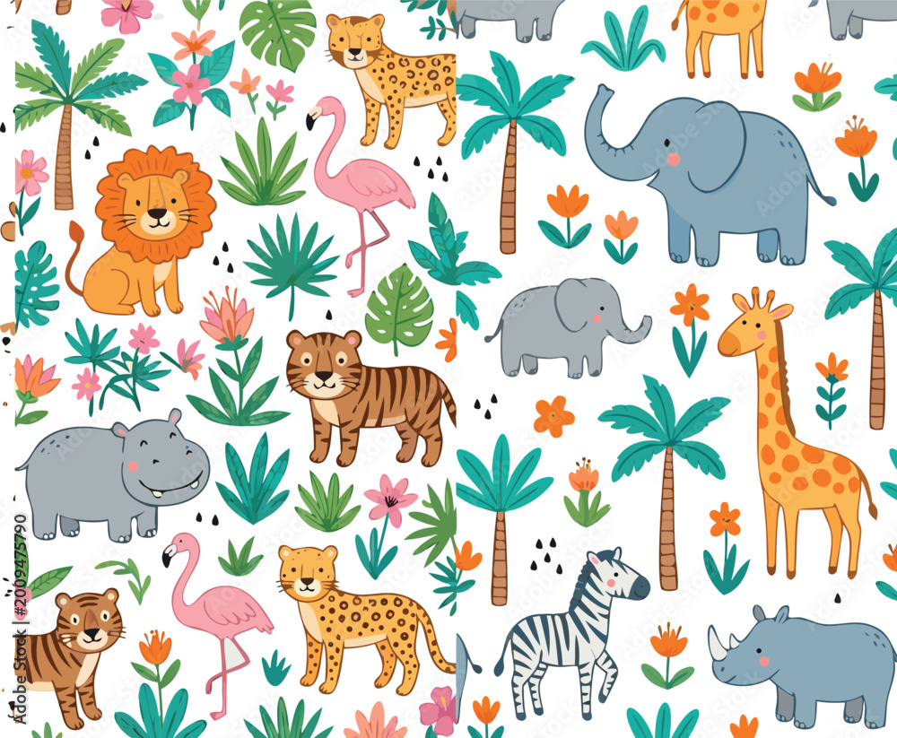 Fototapeta premium Seamless jungle animals pattern vector with lion elephant giraffe tiger zebra flamingo and tropical plants background