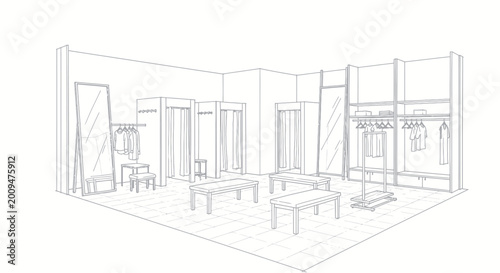 Foto Architectural sketch of an interior room with furniture and windows