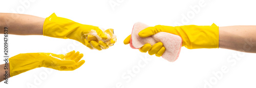 Foto Hands up yellow rubber cleaning gloves holding rag isolated on white background