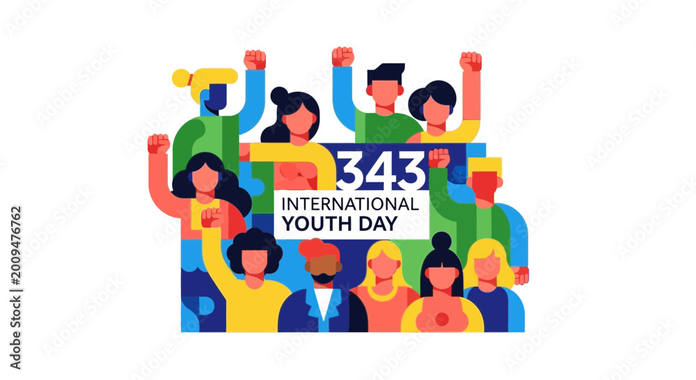 Fototapeta premium International Youth Day Celebration with Diverse Group of People Raising Fists