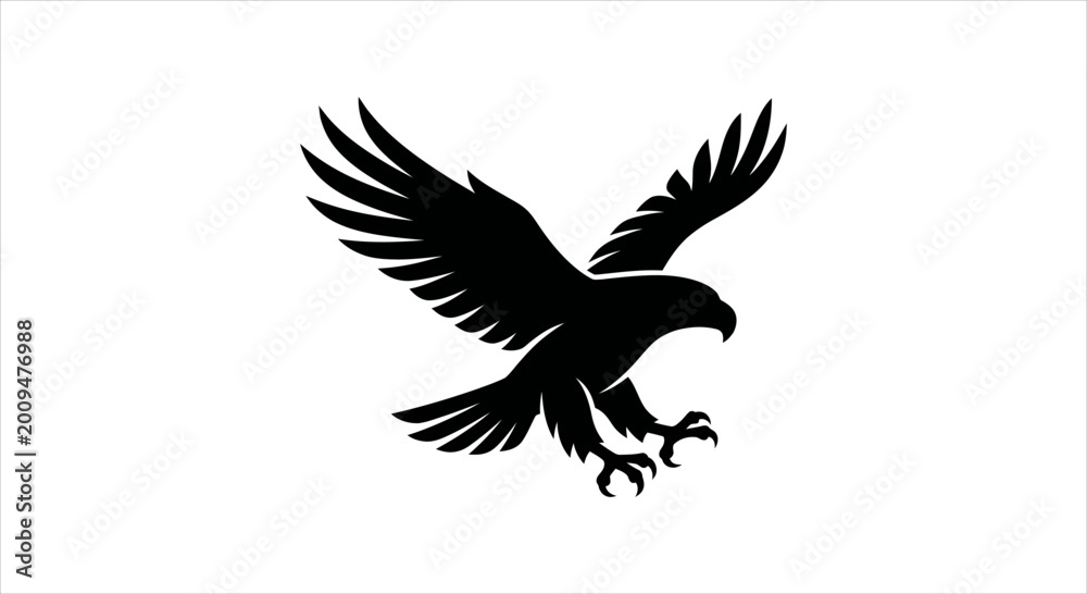 Naklejka premium Black silhouette of a soaring eagle with wings spread wide on white background