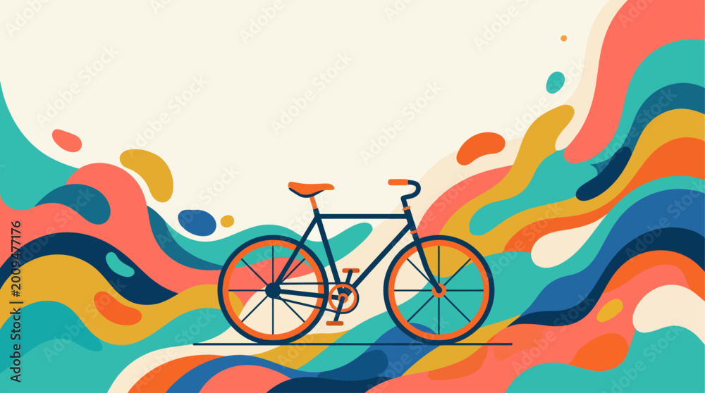 Fototapeta premium World Bicycle Day Illustration with Abstract Colorful Fluid Shapes and Bicycle Silhouette