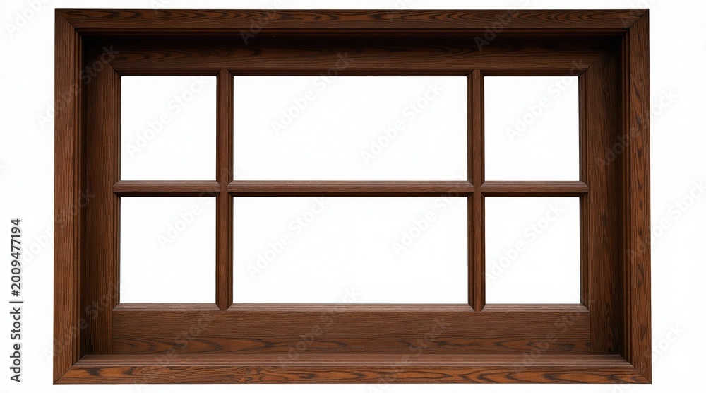 Fototapeta premium Brown wooden window frame with six panes set against white background. Classic design for home interior renovation or architectural modeling. Offers natural light and elegant perspective.