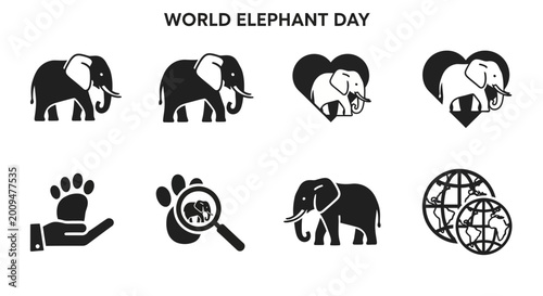 Photography World Elephant Day Icons Set: Elephants, Heart, Globe, Paw Print, Magnifying Gla