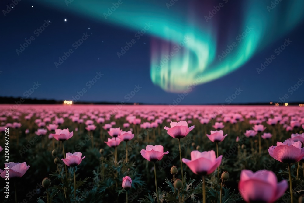 Fototapeta premium Pink poppy flowers bloom under aurora borealis. Night sky displays northern lights over flower field. Magical nature scene with floral beauty and celestial phenomenon.