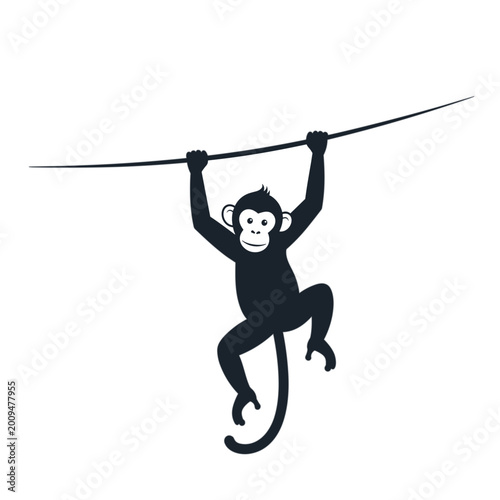 Minimalist silhouette illustration of a monkey hanging from a vine.
