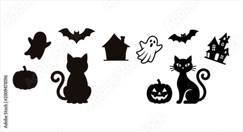 Foto Halloween Icons Featuring Black Cats, Bats, Ghosts, and Pumpkins