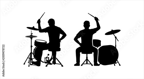 Photography Dynamic Silhouettes of Drummers Playing Drum Sets for Energetic Music Performanc