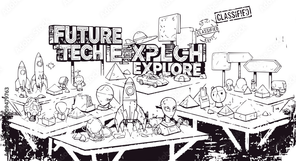 Naklejka premium Future Tech Explore: Innovation, Sci-Fi, and Discovery Concept