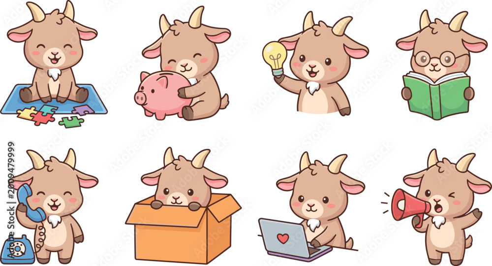 Obraz premium Cute goat character vector illustration set performing various activities like playing puzzle saving money holding lightbulb reading book using telephone sitting in box laptop and using megaphone desi