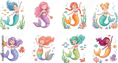 Foto Playful and colorful mermaid vector illustrations featuring various mermaids with different hair colors and sea creatures