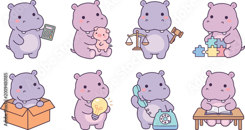 Quadro su tela Cute hippo character vector illustration set performing various business office and educational activities