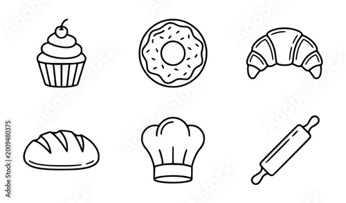 Cuadro en lienzo Clean black and white outline vector bakery and sweets illustration set simple m