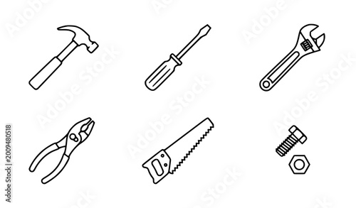 Photos Clean black and white outline vector hand tools hardware illustration set simple