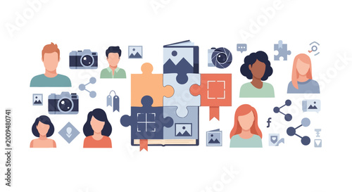 Group of People, Puzzle Pieces, and Photo Icons Representing Social Collaboration