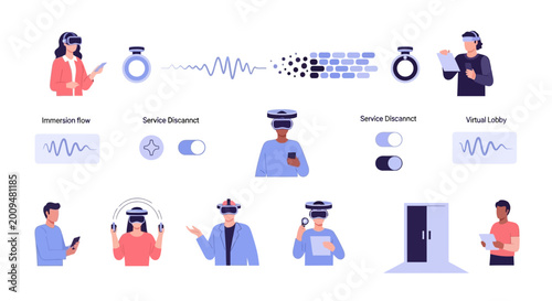 People wearing virtual reality headsets interacting with holographic interfaces and devices