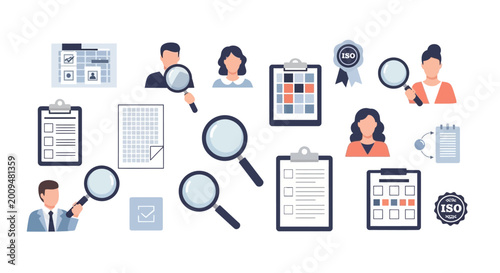 Crowd of analysts examining documents and conducting audits with magnifying glasses
