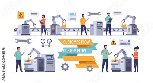 Industrial Assembly Line with Robotic Arms and Workers in Manufacturing Setting