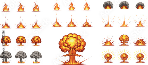 Photography Explosion and Nuclear Blast Effects Vector Set Featuring Fire, Smoke, and Mushro