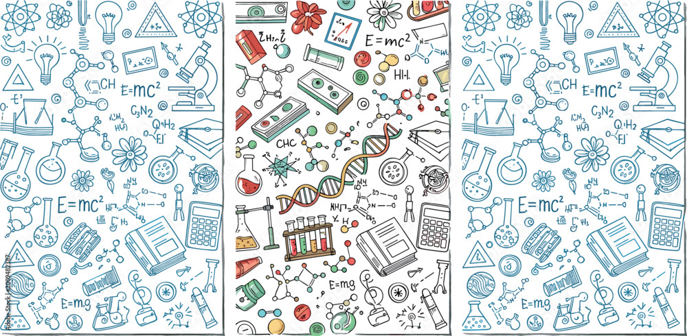 Obraz premium Science and Education Vector Set with Chemistry, Physics, Biology, Laboratory Equipment, Formulas, Books, and Learning Symbols for STEM, School, and Academic Illustrations.