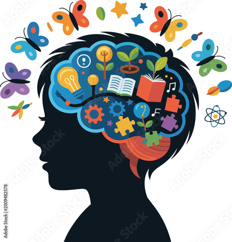Creative intelligence kids brain shown through child brain concept vector on white background.