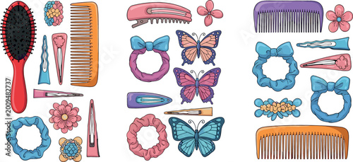 Принти на полотні Hair Accessories Vector Set with Combs, Brushes, Hair Clips, Scrunchies, Bows, and Decorative Items for Styling, Beauty, Fashion, Kids, and Haircare Designs