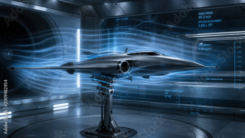 Drone model inside holographic wind tunnel with glowing light streaks showing high tech aerodynamics