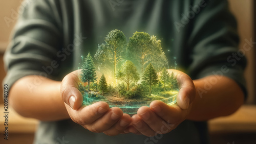 Child hands holding hologram of lush green forest. Symbol of future hope and environmental protection