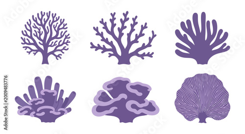Photos Collection of six purple coral silhouettes isolated on white background