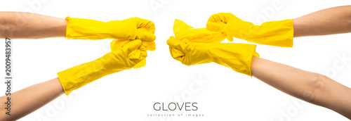 Tableau sur toile Hands up yellow rubber cleaning gloves holding rag isolated on white background