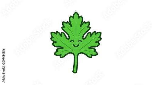 Smiling green leaf cartoon character.