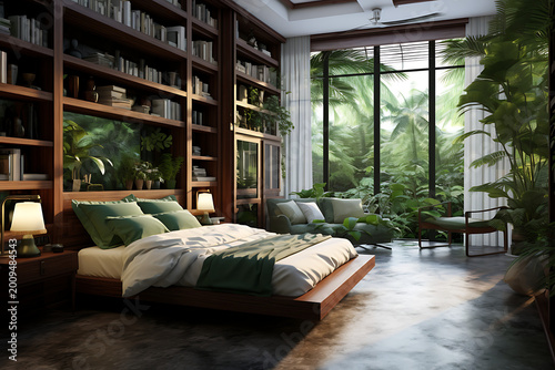 Cozy Library Bedroom with Large Window and Nature View