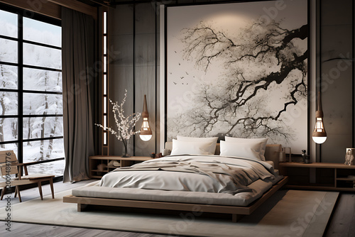 Artistic Luxury Bedroom with Marble Wall and Nature Design