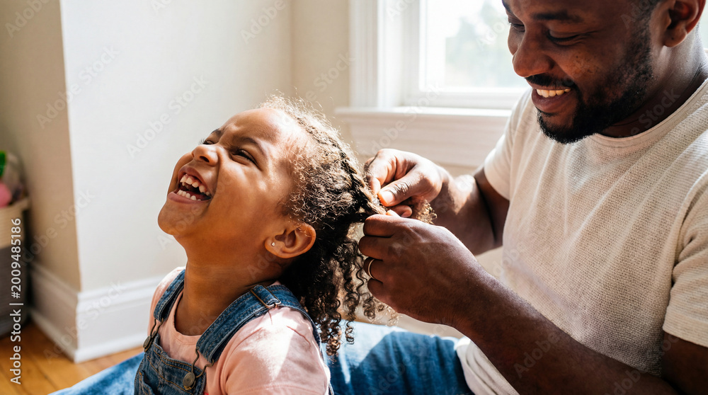 Fototapeta premium Father's Day dad daughter braiding hair laughing bonding celebration campaign poster banner social media greeting card design