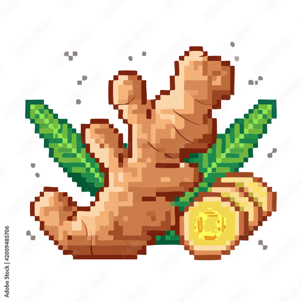 Obraz premium Sliced ginger root with gold coins for traditional herbal wealth concept culinary spice health benefits aromatic flavor cooking ingredient wellness industry pixel art