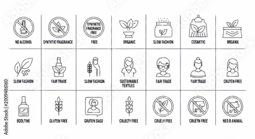 Canvastavla Collection of icons representing natural and ethical product attributes