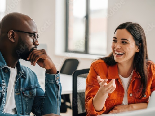 Two people laughing together in an office setting