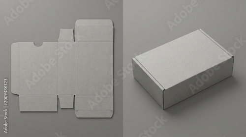 Blank cardboard box mockup with unfolded die cut template pattern