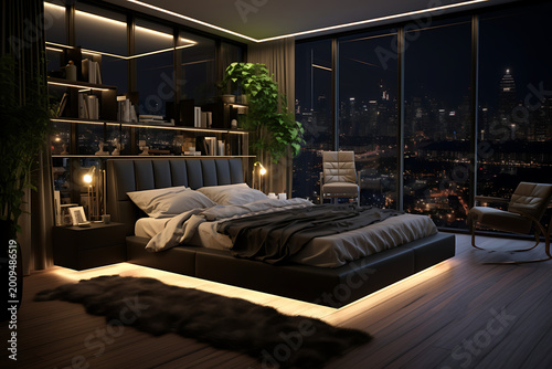 Luxury Modern Bedroom with City Skyline and Stylish Interior