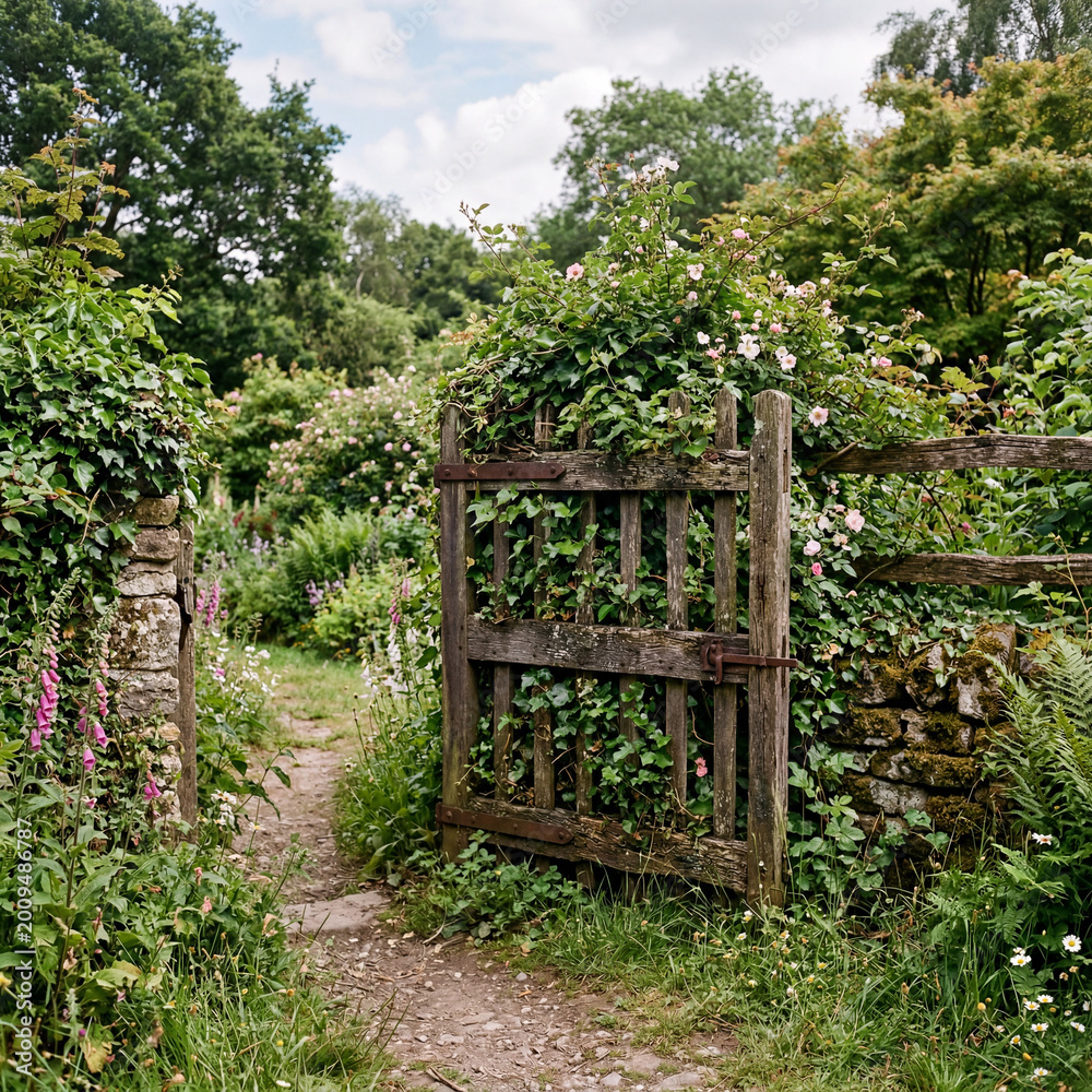 Fototapeta premium Rustic wooden gate surrounded by climbing vines creating charming countryside entrance with natural aesthetic appeal today