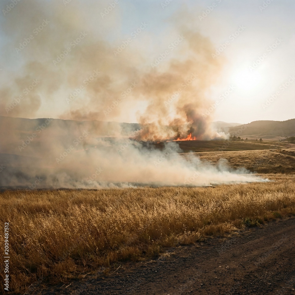 Fototapeta premium Drifting smoke across dry grass field with distant wildfire creating dramatic atmospheric landscape photography scene today
