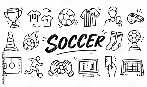 Dynamic soccer elements: icons of goals, jerseys, and gameplay essentials in vibrant design