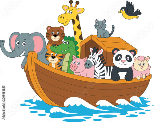 Photography Cartoon animals on Noah ark including elephant giraffe zebra and lion, cute kids
