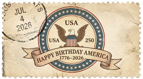 Vintage postage stamp celebrating USA 250th anniversary with bald eagle emblem and Happy Birthday America text on distressed aged paper