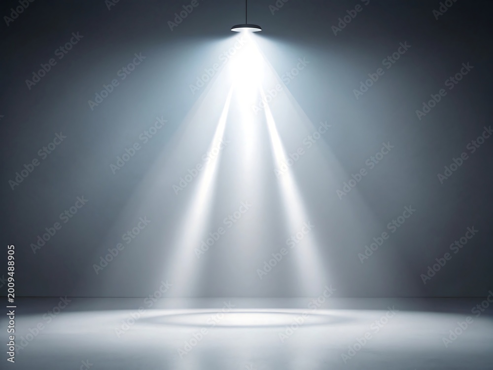 Obraz premium Bright spotlight shining down in a dark room with dramatic light beams