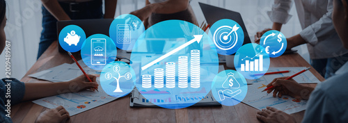 Billede på lærred Business Team Collaboration on Financial Strategies and Growth Metrics with Graphs and Icons Illustrating Financial Success and Planning Quark