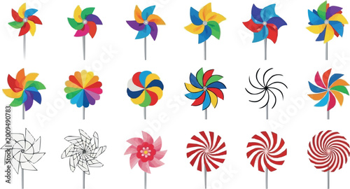 Obraz na płótnie Colorful Pinwheel Set with Swirl, Spiral, and Rainbow Designs for Kids' Toys, Pa