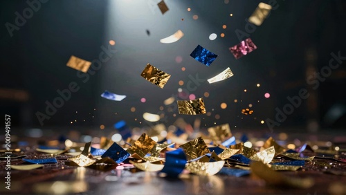 Cinematic Gold and Blue Confetti Falling on Dark Background